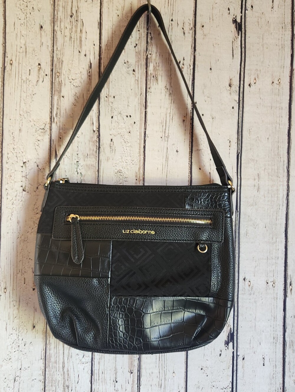 Vintage Liz Claiborne Patchwork Shoulder Bag | Y2K Black Faux Leather